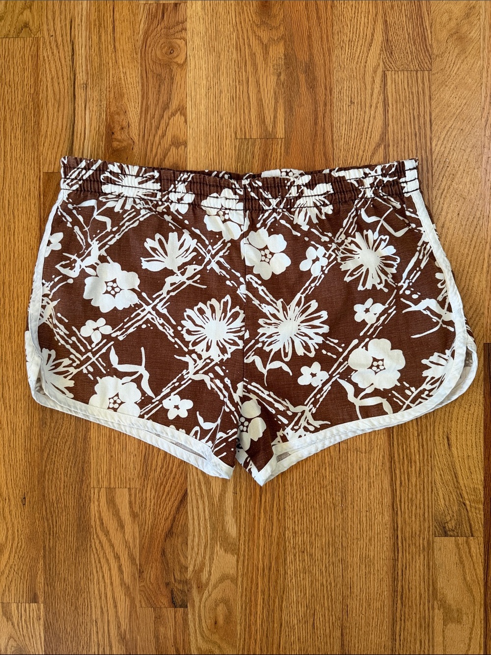 Vintage Brown Floral Athletic Shorts with White Trim Hawaiian 100% cotton